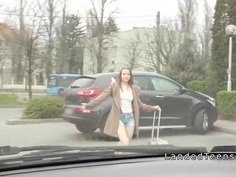 Teen hitchhiker sucks and fucks in a car