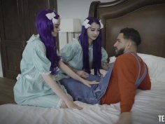 Pretty twins in purple wigs are fucked by hot blooded Peter Green